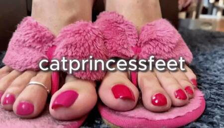 Fuzzy flip flop slippers with red and pink nails, wrinkly milf soles, long toes