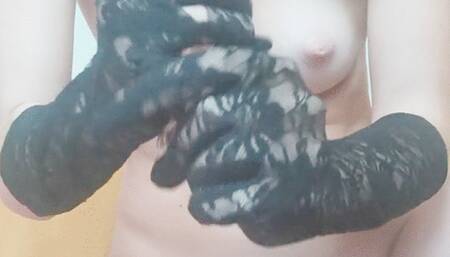 Jerking off a dildo with gloves