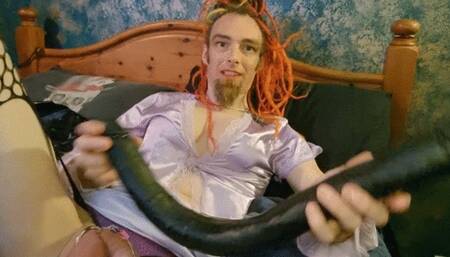 using a giant double ended anal dildo and huge orgasms wearing sexy satin