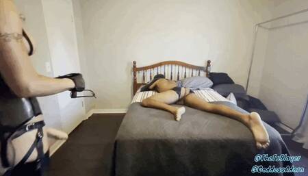 Lazy Slave gets woken up and punished by Goddess Adara's big cock (with bonus milking clip)