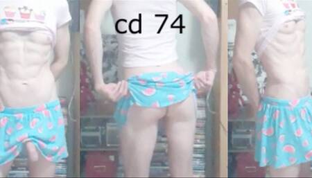 Heteroflexible K crossdressing 74: slender fit older hung transvestite watermelon skirt and teeny shirt