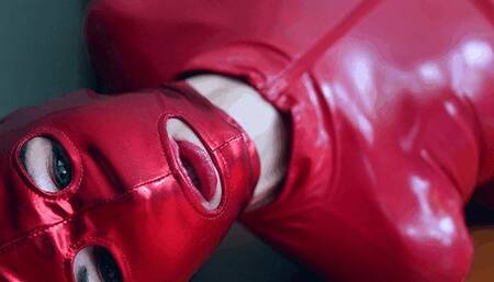 Big eyes from bound orgasms in latex and tape