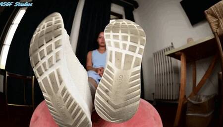 New model pops off her filthy sneakers and shows you her dirty socks- MOV
