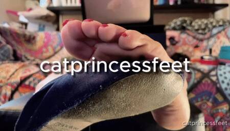 Smelly ballet slipper and one bare, sweaty sole, close-up ignore foot show, red toe milf