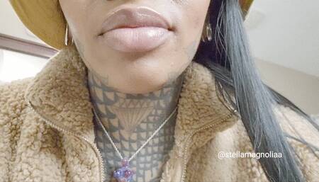 Lip tease applying shiny clear lip gloss to my thick juicy lips