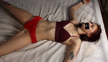 Tapegagged barefoot Kim in bra and panties, tied on the bed with her hands and legs wide-spread, wiggles helplessly (HD MOV)