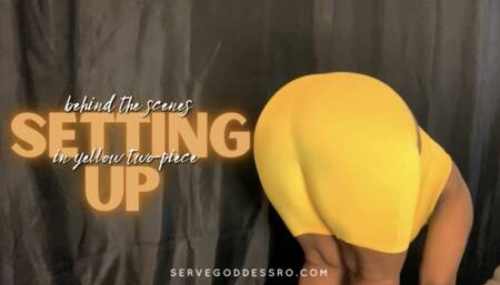 behind the scenes: setting up in yellow two-piece SD MP4 720p by Royal Ro with Ignore Fetish, BTS, Ebony Goddess, Ebony Ass Worship, Yellow Two-Piece, Ebony Goddess, Eyeglasses, Tit Tease, Short Hair