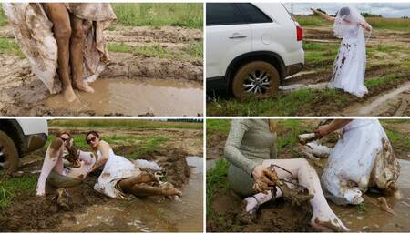 EXCLUSIVE PREMIERE: HORNY GIRLS get car stuck in deep mud on the way to get married