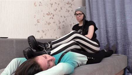 Babe with small waist puts boots on friend`s face, lec272x 1080p