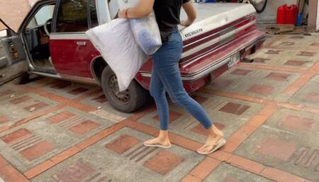 Katherine cranking fantasy battle with the stubborn chevy Celebrity on flip flops