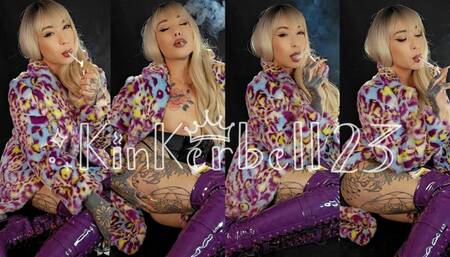 Chain smoking wearing fur coat and PVC thigh high boots