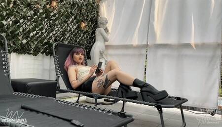 Mistress Mavka made ballbusting on creepy voyeur