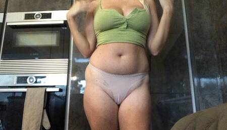 Trying on new panties in the kitchen