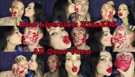 Sticky juicy red lipstick kisses all over his face
