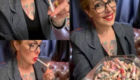 Winston 100s - PVC Vinyl pants and denim blazer - Deep Inhales, Mouth Inhales, Mouth exhales, Triple pumps, Nose exhales, Coughing, Red lipstick and long nails
