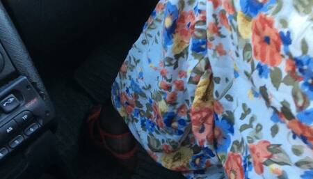 Car ride with nylon feet and wedge heels got cum all over them