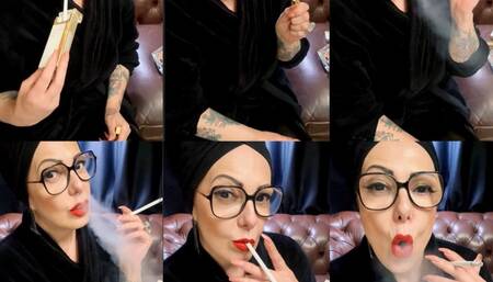 Close-up Virginia Slims 120s - Deep Inhales, Mouth Inhales, Mouth exhales, Multiples pumps, Nose exhales, Coughing, Red lipstick, Long nails