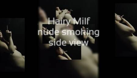 Hairy milf nude smoking side view