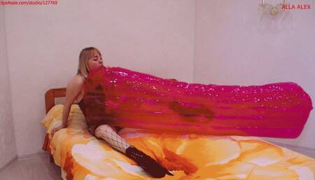 Alla inflates a transparent pink inflatable mattress with her mouth!!!