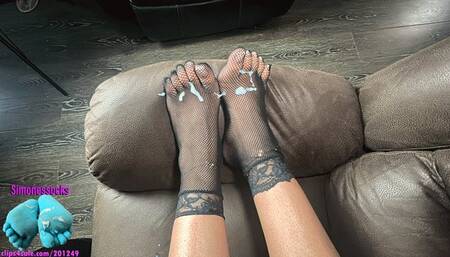 Fishnet toe socks footjob