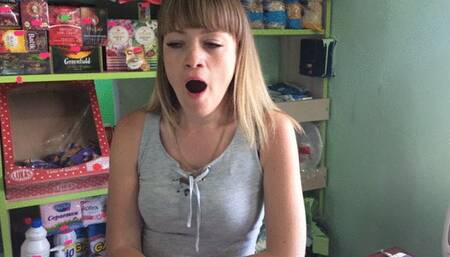 Natalie yawns at work