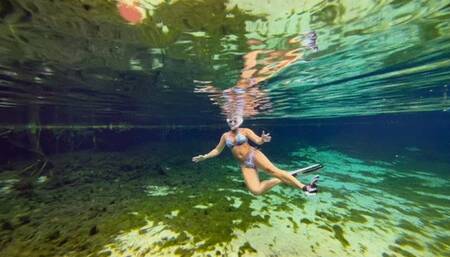 Carissa in the public springs with more freediving and lots of breast exposure