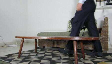 Gio arriving from work and showing blue sheer socks