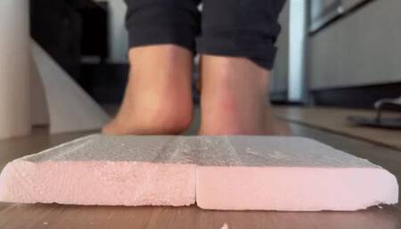 Italian girlfriend - stepping barefoot on polystyrene