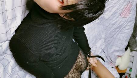 Bitch in lace panties bound on bed with handcuffs and shackles