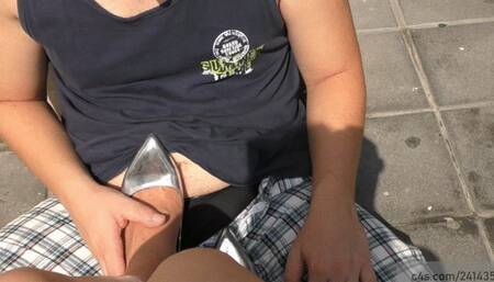 Ball stomping with high heels and sneakers