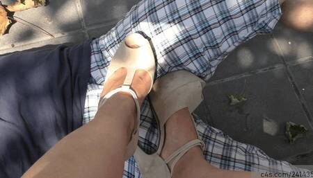 Ball stomping how a footstool, carpet man uder high heel sandals and sneakers, cleanin soles on cock