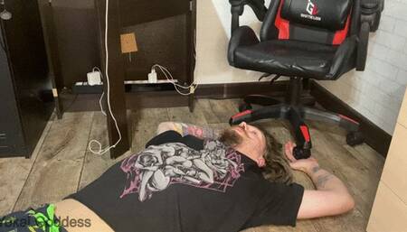 Footstool under high heels and slaves hands under My office chair wheels