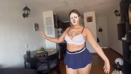 4K Slave dances happily with cum on her face