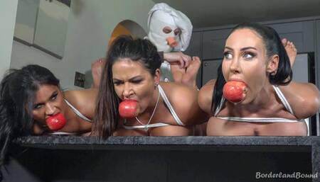 Scarlett, Mila & Roxxy in: Hogtrussed CrimeStopper Hotties MOUTH-Bound & Tenderised Psycho Chef Style! (HD)
