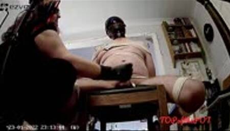 Chair tied naked man receives polishing, edging and post orgasm torment with gloves - cam 1
