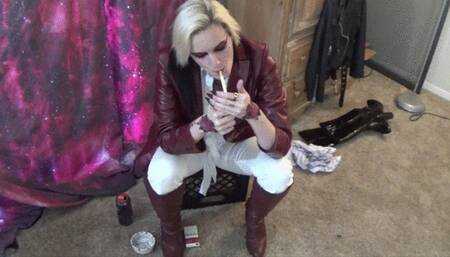 Trailer Trash Tara Smoking in 1980s Style Maroon Leather [DISCOUNTED]