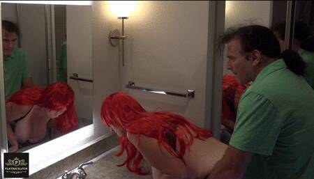Milf in Redhead Wig Fucked in Bathroom with Mirror Reflections of her Huge Boobs