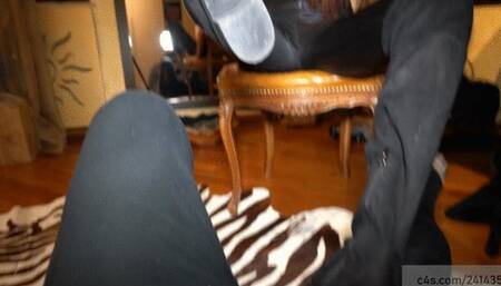 Cruel femdom uses a stupid man how footstool to clean her several type of boots, ball stomping and soles cleaning on cock