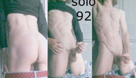 Heteroflexible K solo V92: thin fit muscular hung older twunk hotel employee locker room masturbation