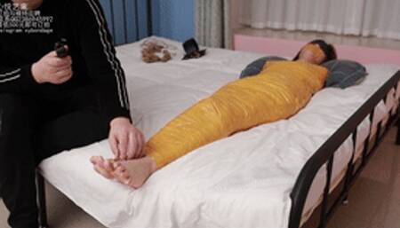 XY Bondage 121-Beautiful girl with beautiful feet is bound all over by yellow tape