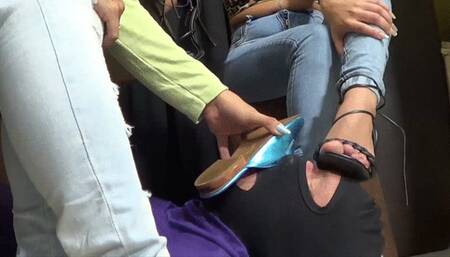 FOOTTOOL FOR OUR FEET FOR REST OUR FEET BIAMELO AND RUBY ON MALE SLAVE