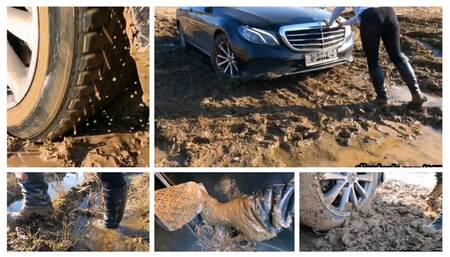 HOT PREMIERE BY JULIA: Real estate in pantyhose only has luxury Mercedes stuck hard in deep mud