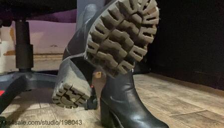 Dusty ankle boots licking under the table and heavy painful stomach trampling