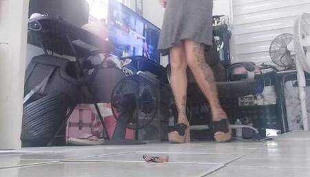 HD Sandal Stomping Giantess unaware in High Wedge high heel sandals foot Crush for tiny shrunken stepson