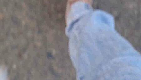 AVI Giantess unaware Walking in flip-flops crushing a plastic bottle walking cam