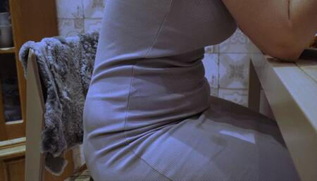 Eating dinner in my grey dress and posing after