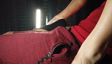 trampling into his stomach, I have no mercy, you can see his cock under his clothes