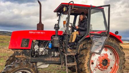DRIVE Tanya driving a tractor in high heels
