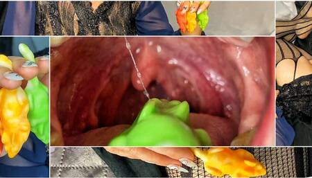 Colorful mice were eaten by a girl in a vintage dress