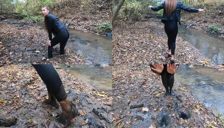 Nastya walking through the mud and lost her heels